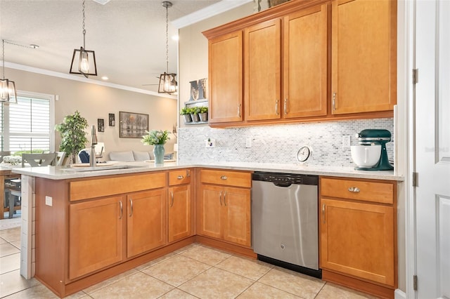 kitchen featuring sink, hanging light fixtures, dishwasher, kitchen peninsula, and decorative backsplash