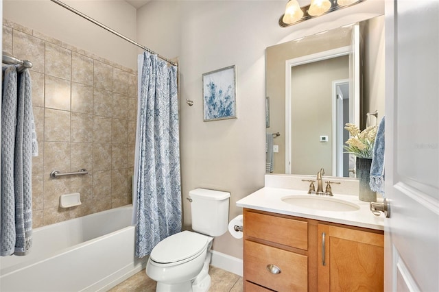 full bathroom featuring tile patterned flooring, vanity, shower / bathtub combination with curtain, and toilet