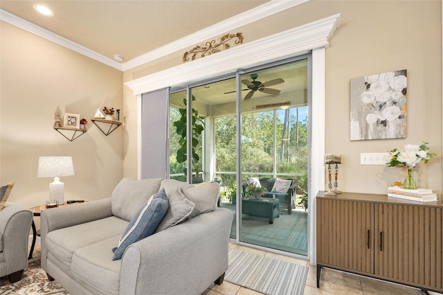 interior space featuring crown molding, light tile patterned floors, and ceiling fan