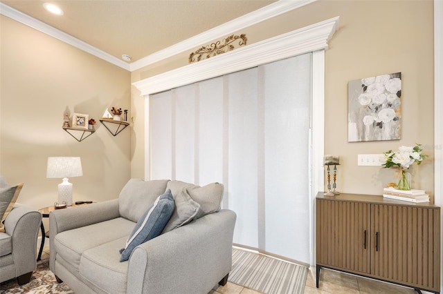 tiled living room featuring ornamental molding