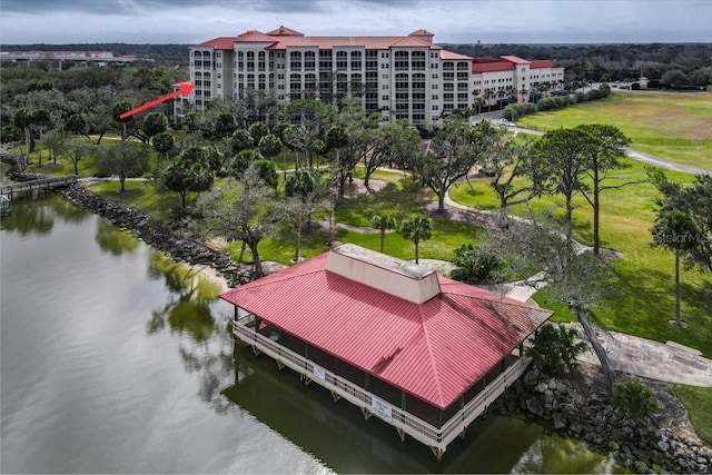 drone / aerial view with a water view