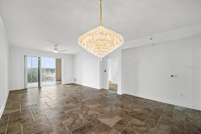 unfurnished room with crown molding and ceiling fan with notable chandelier