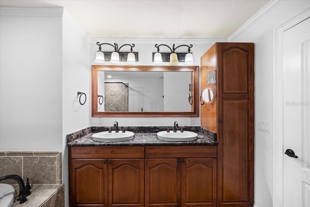 bathroom featuring vanity, shower with separate bathtub, and ornamental molding