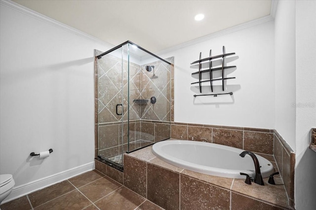 bathroom with tile patterned floors, ornamental molding, plus walk in shower, and toilet