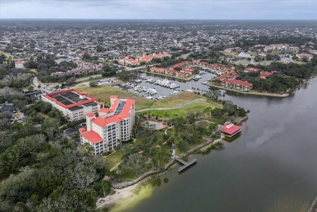 drone / aerial view with a water view