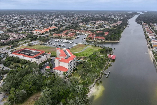 aerial view featuring a water view