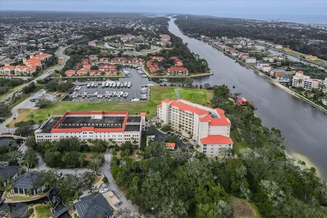 drone / aerial view with a water view