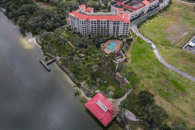 drone / aerial view featuring a water view