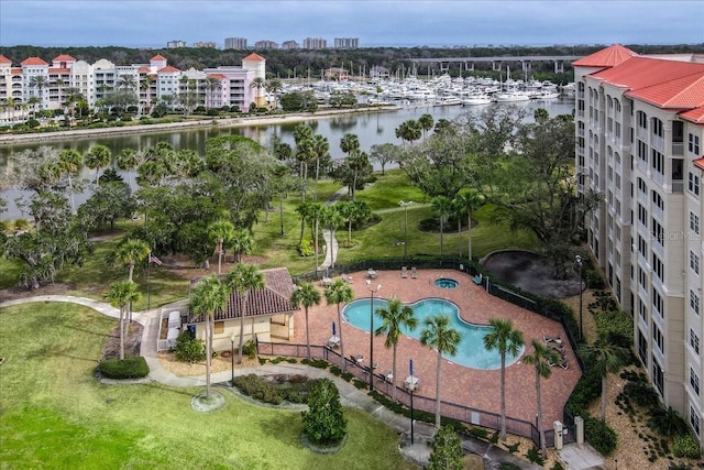 drone / aerial view with a water view