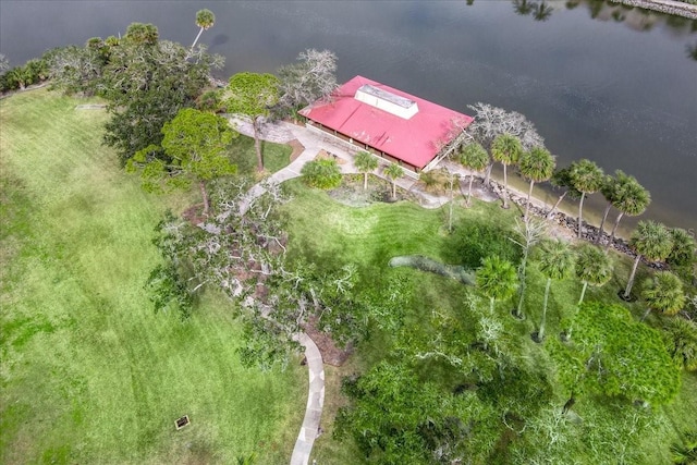 drone / aerial view with a water view