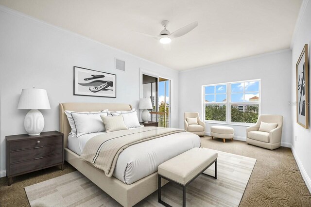 bedroom with light colored carpet, visible vents, crown molding, and baseboards