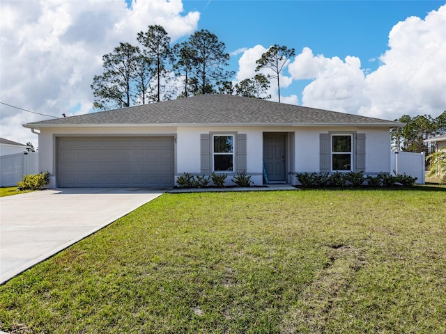 ranch-style house with a garage and a front yard