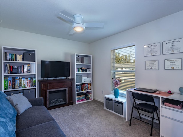 office space with ceiling fan and carpet flooring