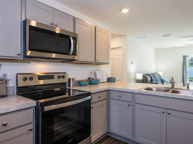 kitchen featuring appliances with stainless steel finishes, dark hardwood / wood-style floors, sink, and gray cabinetry