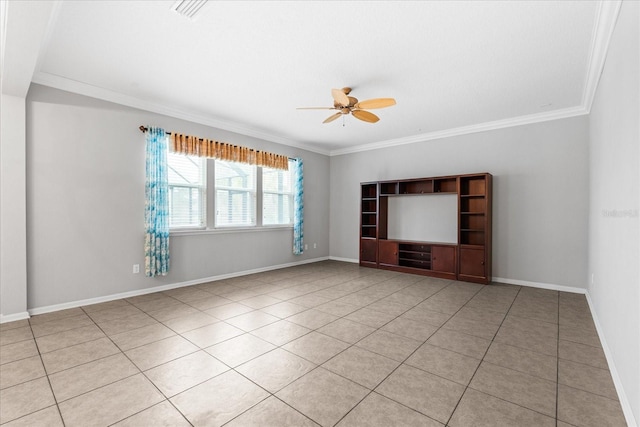 tiled empty room with ornamental molding and ceiling fan