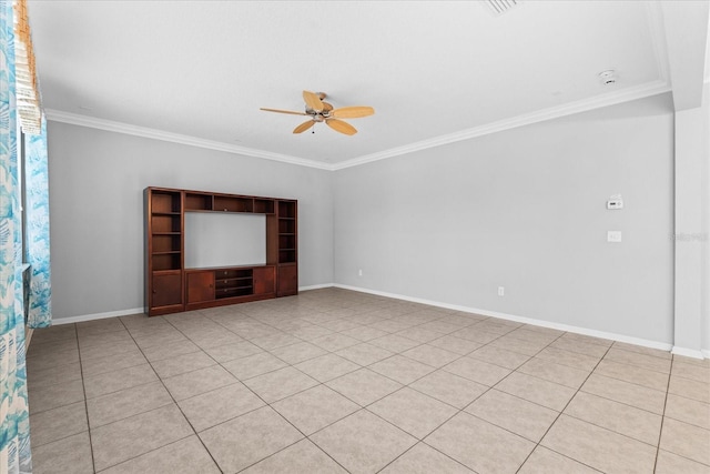 unfurnished living room featuring crown molding and ceiling fan