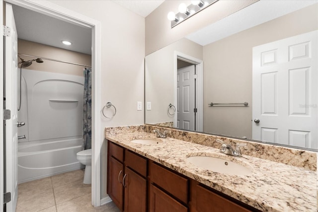 full bathroom featuring tile patterned flooring, vanity, shower / tub combo with curtain, and toilet