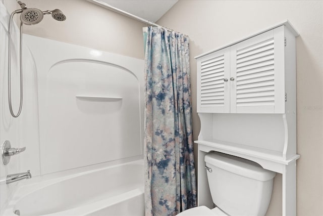 bathroom featuring shower / bathtub combination with curtain and toilet