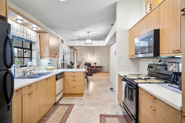 kitchen with pendant lighting, sink, backsplash, black appliances, and light brown cabinets