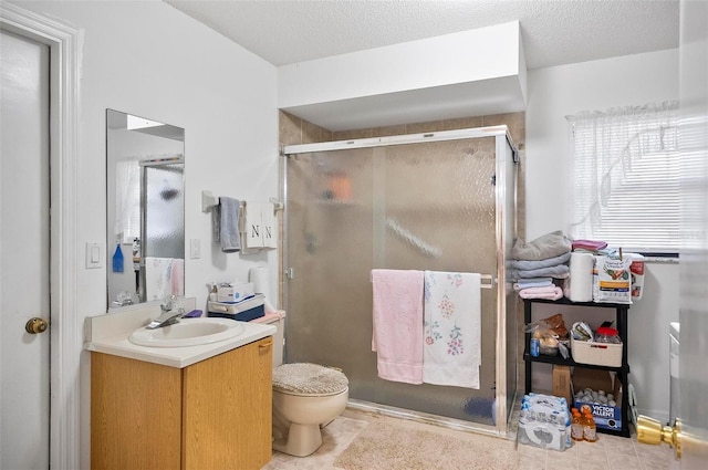 bathroom with vanity, a textured ceiling, a shower with door, and toilet