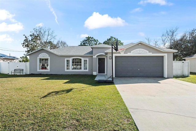 single story home featuring a front lawn and a garage