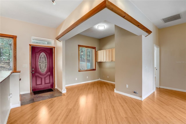 entryway with a wealth of natural light and light hardwood / wood-style flooring