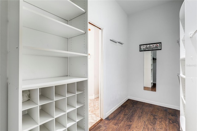 walk in closet with dark wood-type flooring