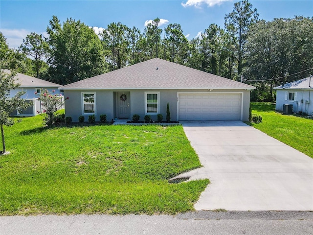 single story home featuring a garage, a front lawn, and central air condition unit