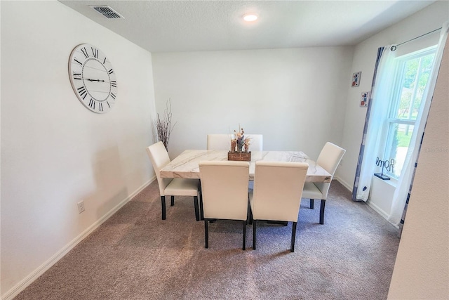 dining room featuring carpet floors and a textured ceiling