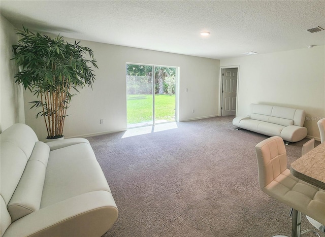 carpeted living room featuring a textured ceiling