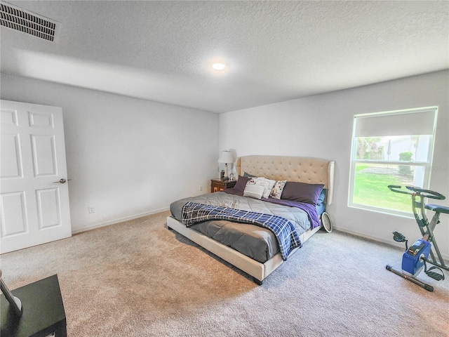 bedroom with a textured ceiling and carpet