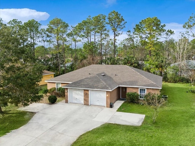 ranch-style house with a garage, driveway, roof with shingles, a front yard, and stucco siding