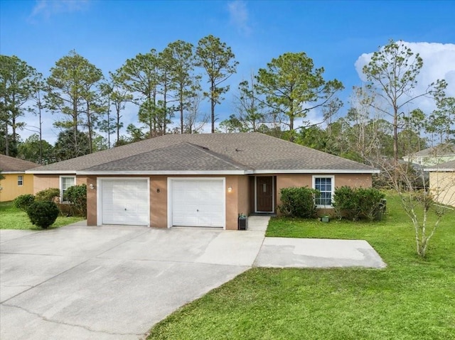 ranch-style house featuring stucco siding, a shingled roof, concrete driveway, an attached garage, and a front yard