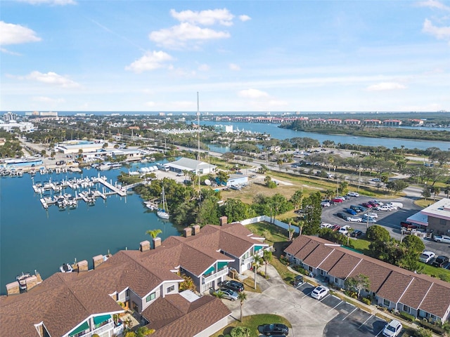 aerial view featuring a water view