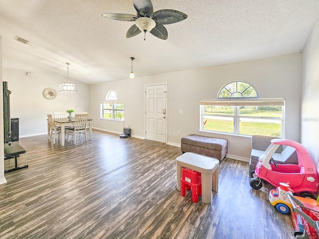 living room featuring ceiling fan, lofted ceiling, dark hardwood / wood-style floors, and a textured ceiling