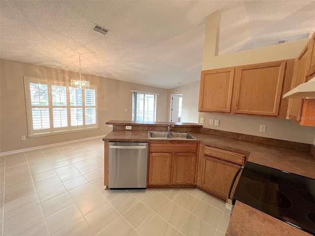 kitchen featuring sink, hanging light fixtures, electric range, stainless steel dishwasher, and kitchen peninsula