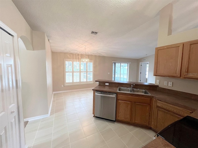 kitchen with sink, stainless steel dishwasher, kitchen peninsula, pendant lighting, and stove