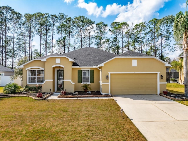 ranch-style house featuring a garage and a front yard