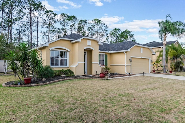 ranch-style house featuring a garage and a front yard