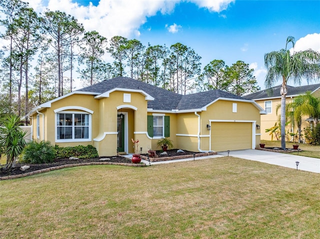 ranch-style house featuring a garage and a front yard