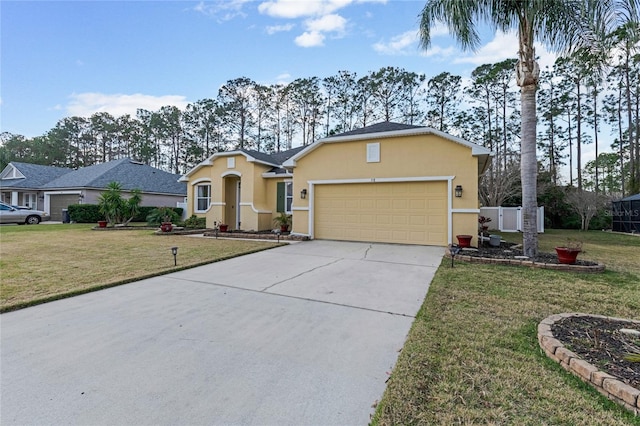 ranch-style home with a garage and a front yard