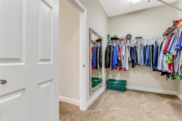 spacious closet featuring light colored carpet