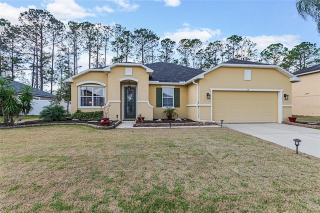 ranch-style home featuring a garage and a front lawn