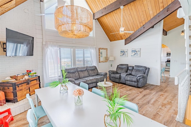 living area with wood ceiling, high vaulted ceiling, wood finished floors, and beam ceiling