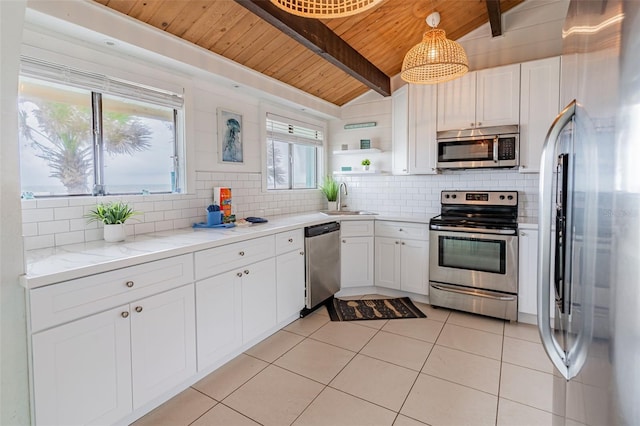 kitchen featuring wooden ceiling, a sink, appliances with stainless steel finishes, backsplash, and open shelves