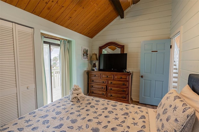 bedroom featuring vaulted ceiling with beams, wooden ceiling, wooden walls, and access to exterior