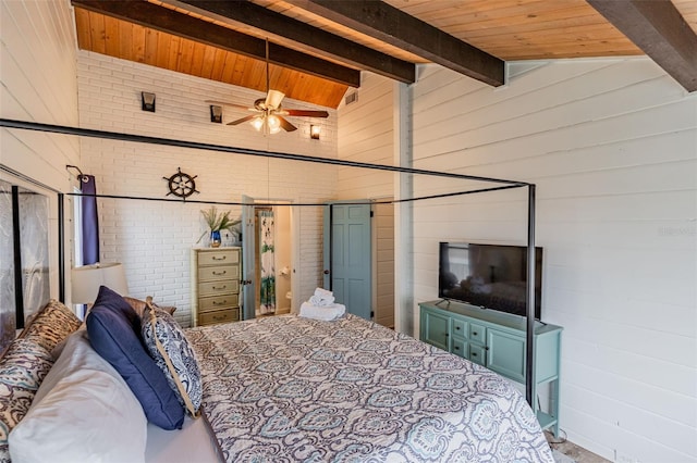 bedroom featuring wood ceiling, brick wall, wooden walls, and beamed ceiling