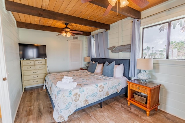 bedroom with beam ceiling, visible vents, ceiling fan, wood finished floors, and wooden ceiling