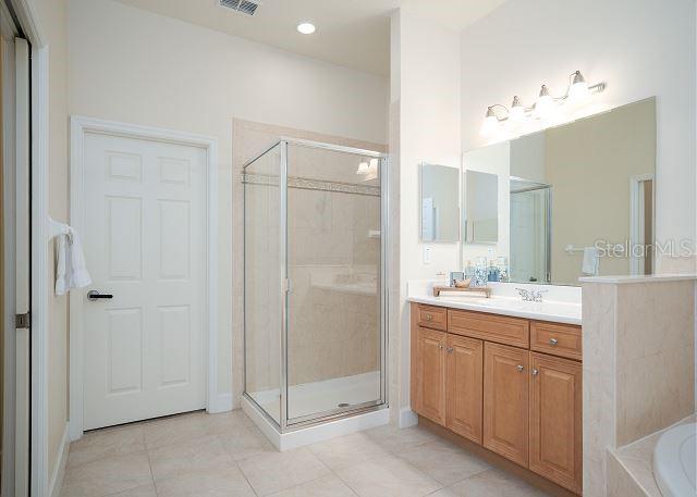 bathroom featuring vanity, tile patterned flooring, and independent shower and bath