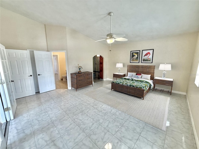 155 Avalon Ave, Flagler Beach, FL 32136 - bedroom featuring ceiling fan and high vaulted ceiling